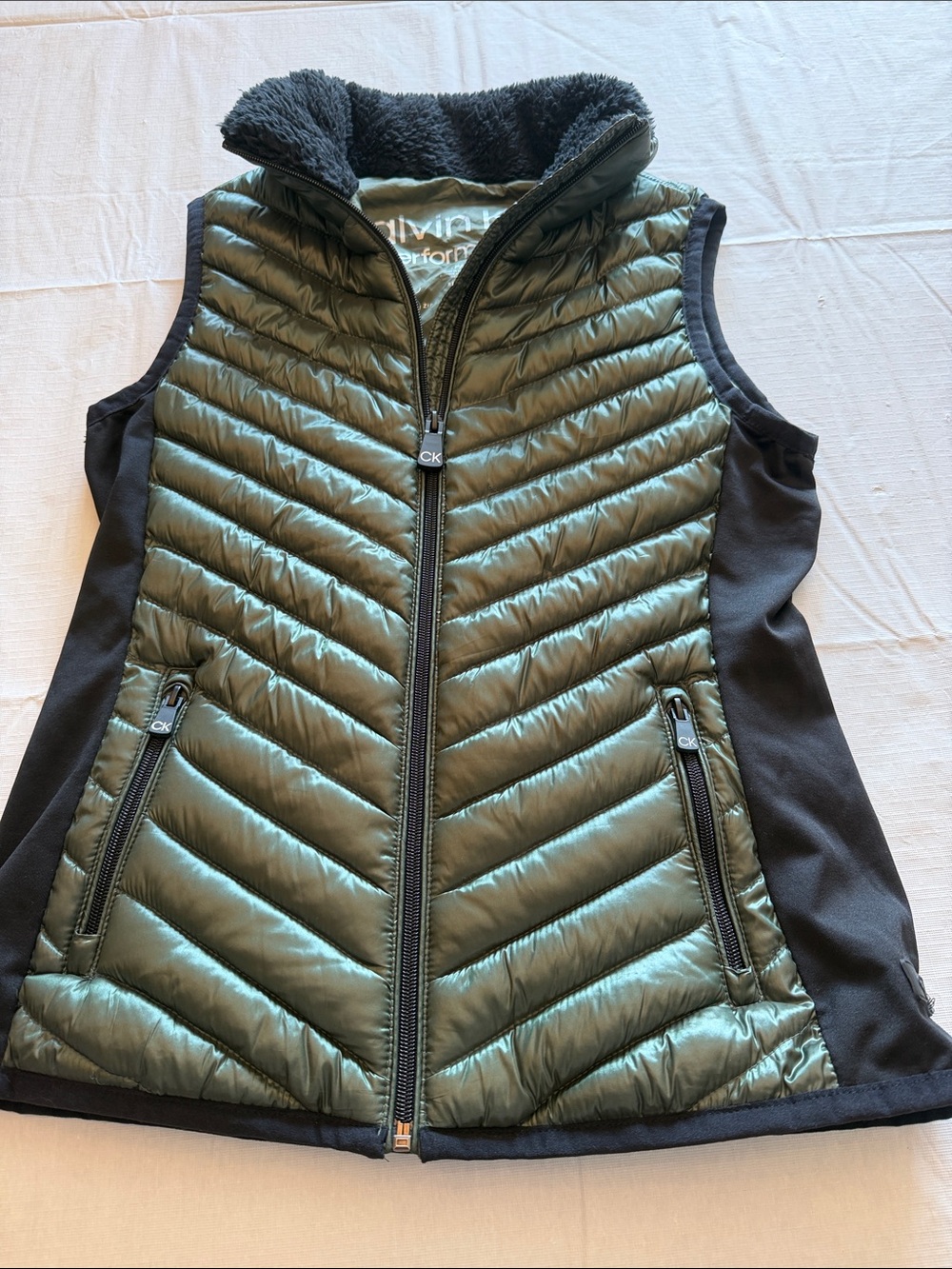 Calvin Klein Olive Green Quilted Puffer Vest with Black Side Panels